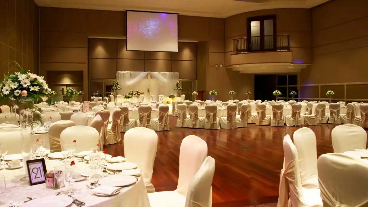 Beautiful wedding table settings in a hotel venue, ball room
