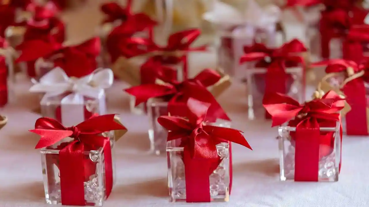 Favors tied with a red ribbon