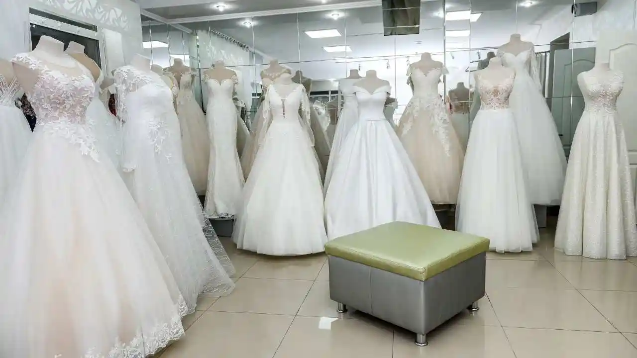 Wedding gowns in the rental shop