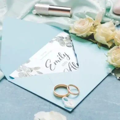 printed wedding invitation and wedding card in blue envelope