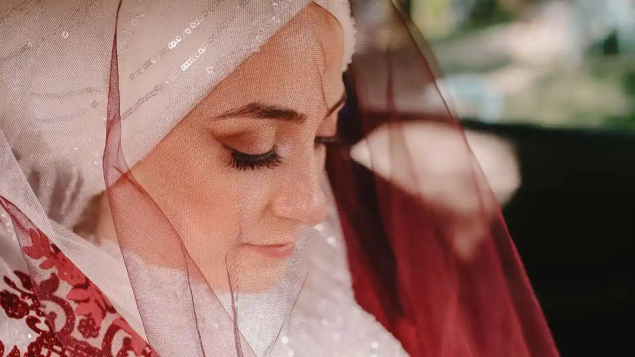 wedding gown with a veil